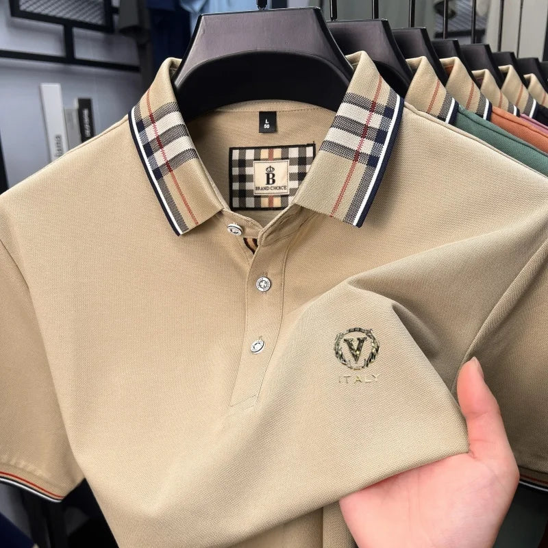 High end brand men's short sleeve polo shirt summer new letter emboss lightweight breathable fashion color blocked lapel T-shirt