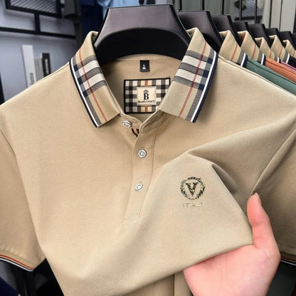 High end brand men's short sleeve polo shirt summer new letter emboss lightweight breathable fashion color blocked lapel T-shirt