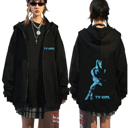 TV Girl Who Really Cares Graphic Print Zipper Hoodie Men Women Fashion Casual Oversized Zip Up Jacket Male Fleece Sweatshirts
