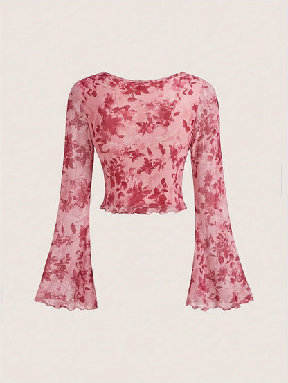 Summer Women's Y2k Floral Printed Sweet V-Neck T-shirts Mesh Beach Party Dress Top Flare Sleeve Square Collar Lace Up Shirt 2025