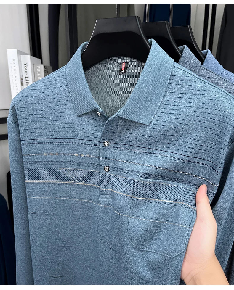 High quality striped printed long sleeve polo shirt men's fashion light luxury pocket autumn new business casual lapel T-shirt