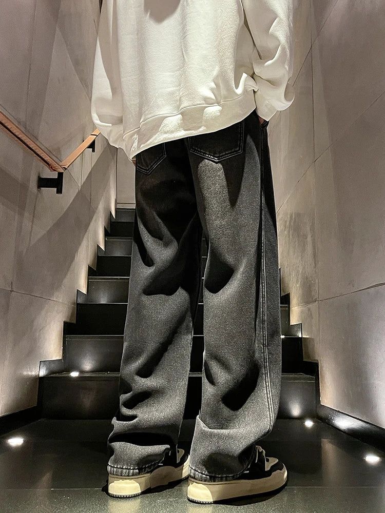 Calça Jeans Masculina de Inverno Coreana Forrada com Lã Grossa Quente Reta Denim Lavado Algodão Azul Retrô Larga Pantalona