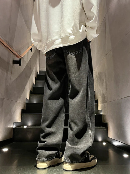 Calça Jeans Masculina de Inverno Coreana Forrada com Lã Grossa Quente Reta Denim Lavado Algodão Azul Retrô Larga Pantalona