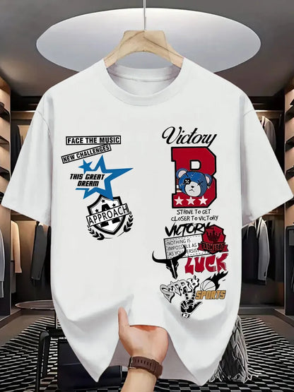 New Men's Summer Personalized Letter Graffiti Printed Comfortable and Breathable Round Neck T-shirt Outdoor Street Top