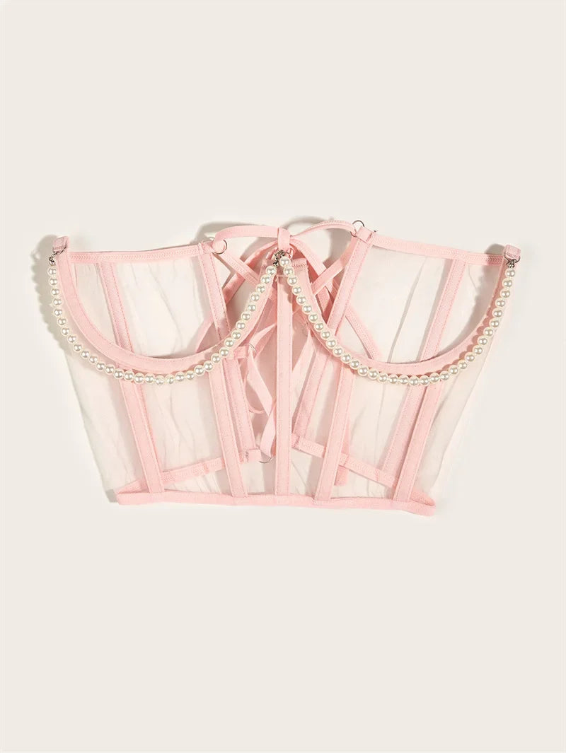 Pearl Chain Bustiers Tied Waspie Wide Belt Cinchers Underwire Lace-up Underbust Corset Bustier Corsets Tops Boned Corset