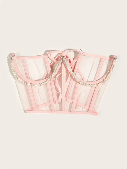 Pearl Chain Bustiers Tied Waspie Wide Belt Cinchers Underwire Lace-up Underbust Corset Bustier Corsets Tops Boned Corset