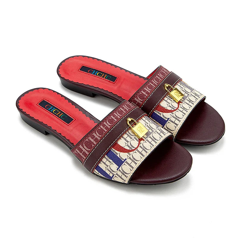 High Quality Metal Lock Monogram Print Women's Low Heeled Slippers Delicate and Versatile Women's Fashion Slippers