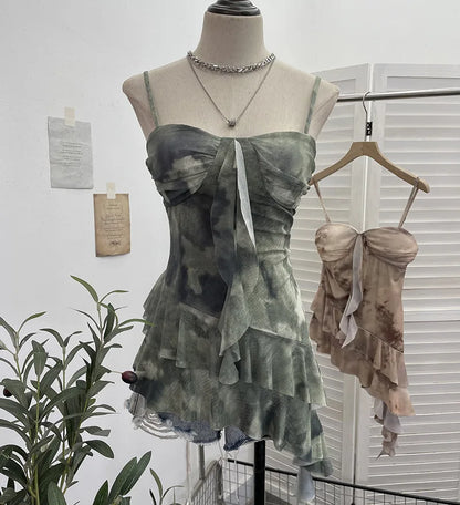 2025 Mesh Camisole for Women Stretch Casual Tie Dyeing Braless Sleeveless Adjustable Straps Asymmetrical Ruffle Tops