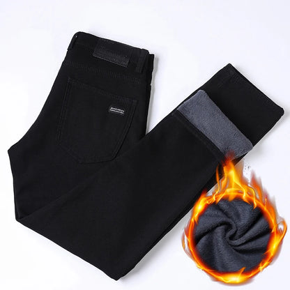 Men New Winter Classics Fleece Thick Warm Jeans Men's Loose Straight Elastic Denim Pants Casual Plush Trousers Large Size 28-40