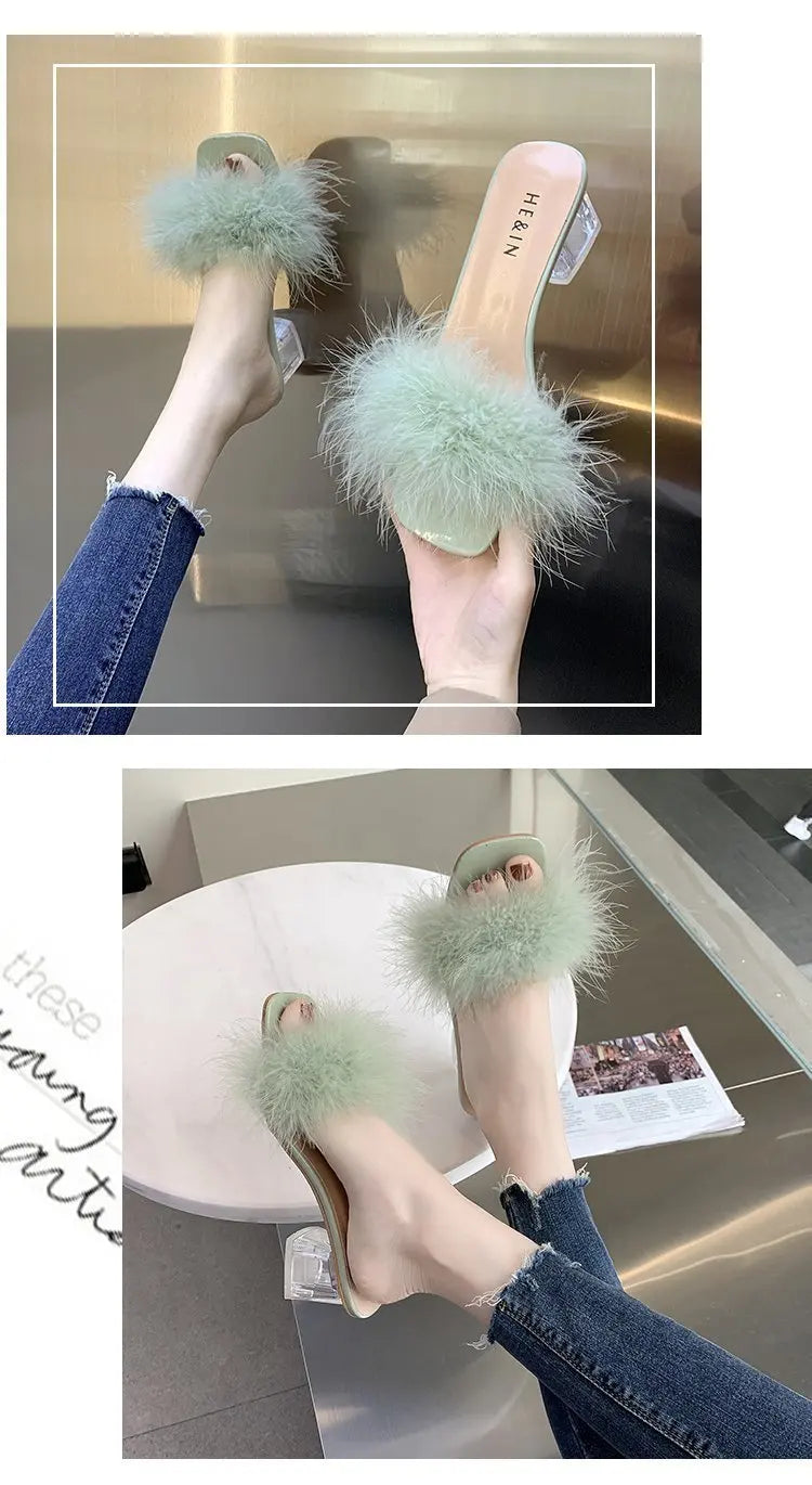 2023 Fluffy Peep Toe Sexy High Heels Women Shoes Fur Feather Lady Fashion Wedding Slip-On Pink Square Toe Women Sandals