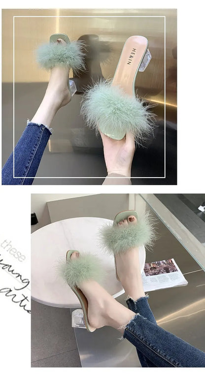 2023 Fluffy Peep Toe Sexy High Heels Women Shoes Fur Feather Lady Fashion Wedding Slip-On Pink Square Toe Women Sandals