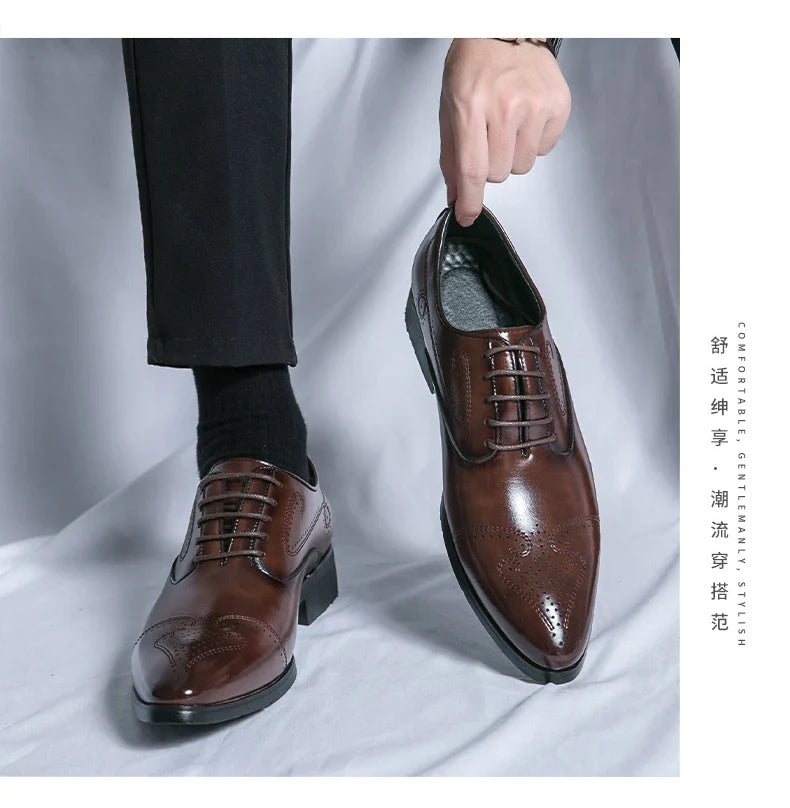 Formal Brogues Shoes Men Classic Social Casual Business Shoes Man Wedding Men's Dress Shoes Party Pointy Toe Leather Shoes Male