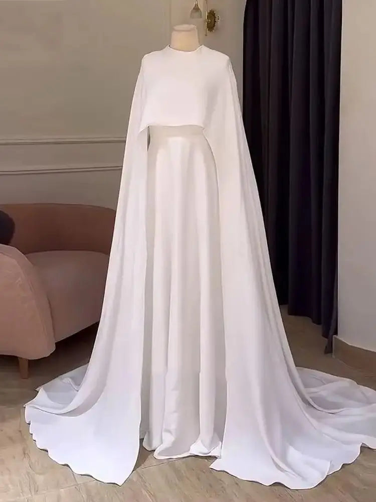White O-Neck Wedding Dress 2025 Shawl Long Sleeve Button A-Line Saudi Arabia Sweep Train Muslim Floor-Length Pleated Customized