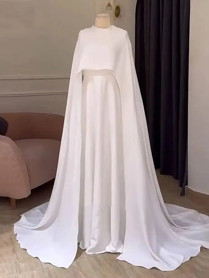 White O-Neck Wedding Dress 2025 Shawl Long Sleeve Button A-Line Saudi Arabia Sweep Train Muslim Floor-Length Pleated Customized