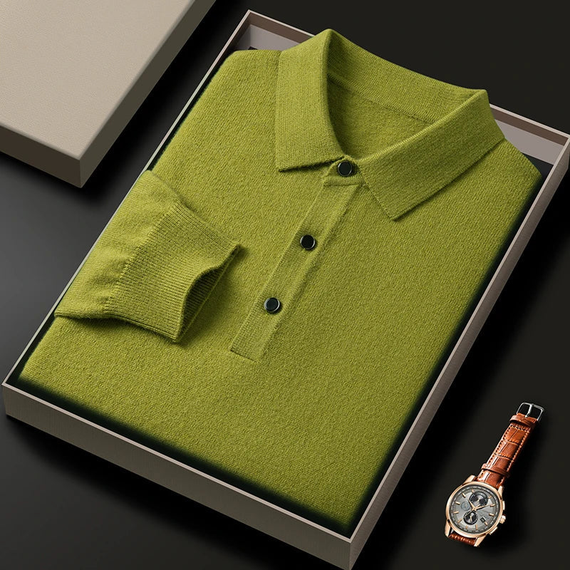 Fashion luxury knitted long sleeve polo shirt men's autumn new trend simple solid color soft skin friendly comfort lapel sweater