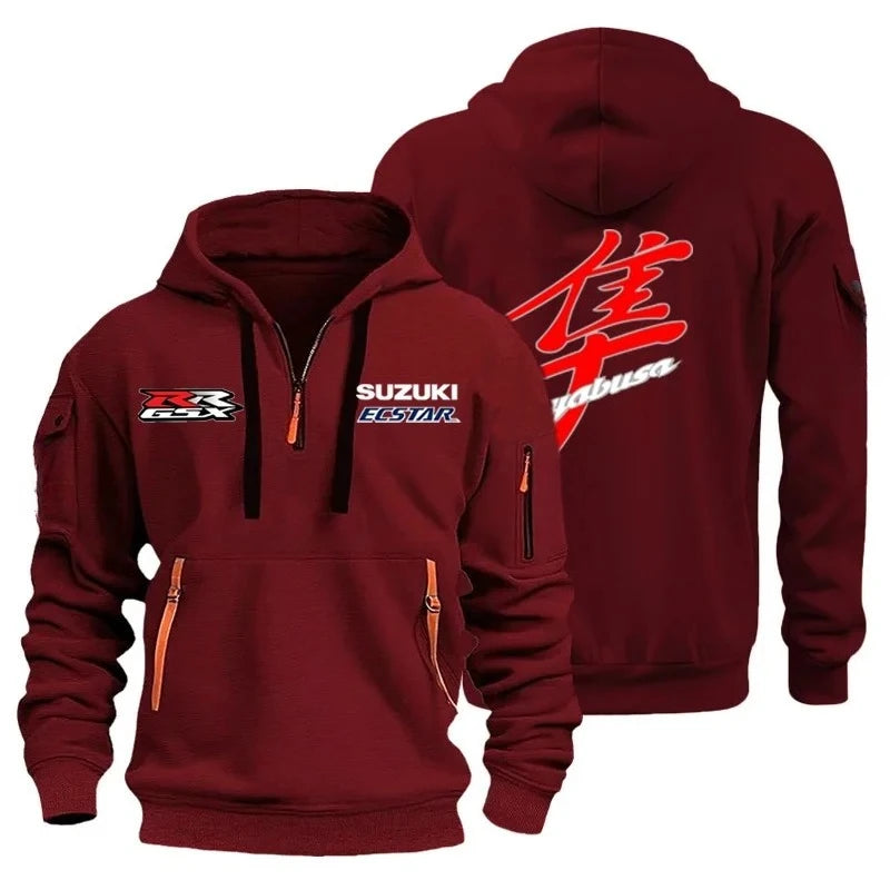 Men's casual street outdoor sports motorcycle multi-pocket sweatshirt, half-hooded sweatshirt, running and fitness sports