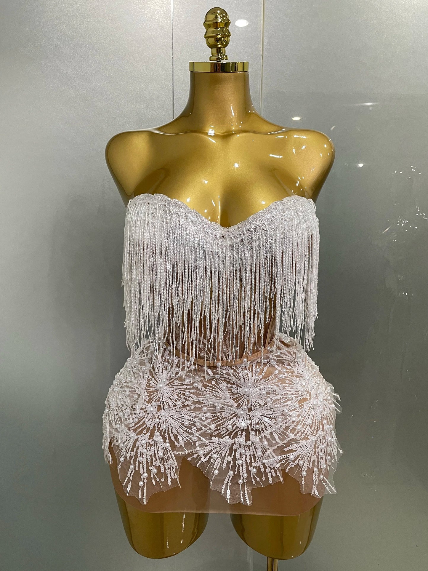 Pearl Sequins Tassel Sleeveless Glitter Mini Dress Women Singer Bar Nightclub Stage Performance Clothing Show Outfit