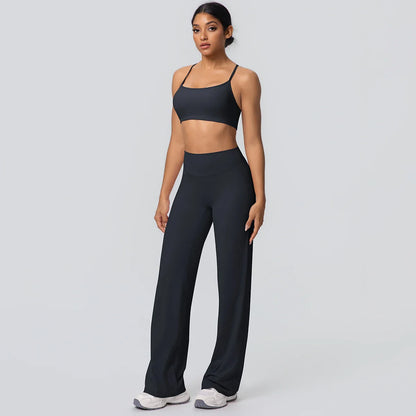 Women Gym Sports Yoga Suit Sexy Beautiful Back Yoga Underwear With Chest Pad Solid Color High Waisted Wide Leg Pants Yoga Set