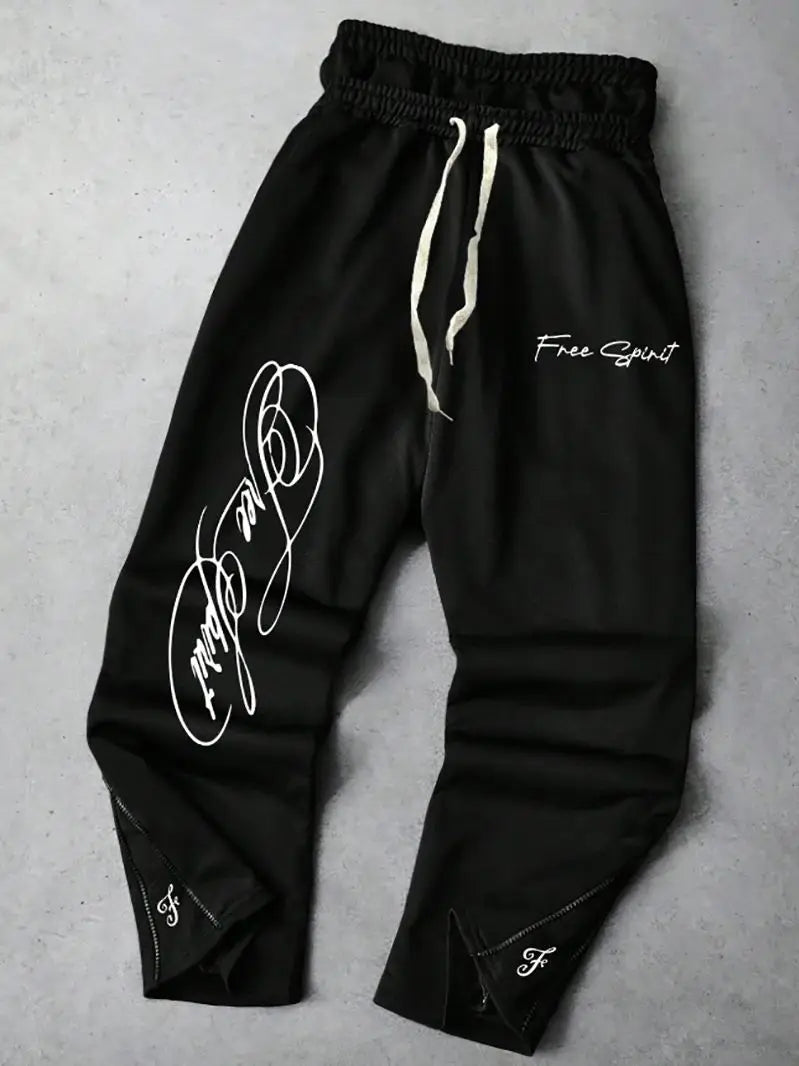Men's Trendy Street-Style Ins High Street Black Faux Two-Piece Design Sweatpants with Unique Waistband and Ankle Zipper Details. It Is Perfect for Music Festival Outfits or Everyday Wear, Making It a Great Gift for Your Boyfr