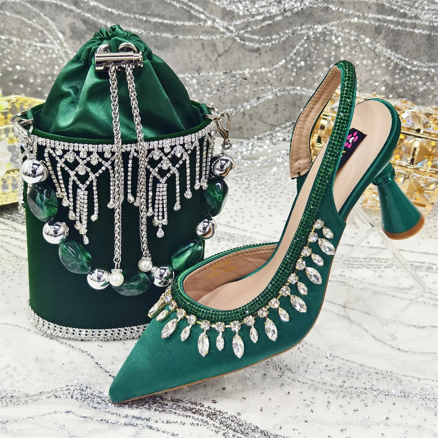 Pointed-Toe High Women Heels Shoes and Bags for Women Rhinestone Evening Party Elegant Luxury Handbag