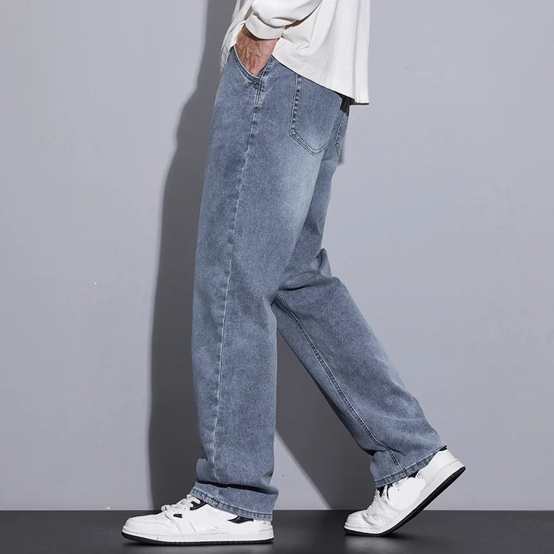 New Men's Micro Elastic Wide Leg Jeans American Retro Versatile Loose Fit Long Pants for All Seasons