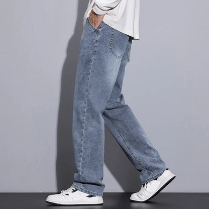 New Men's Micro Elastic Wide Leg Jeans American Retro Versatile Loose Fit Long Pants for All Seasons