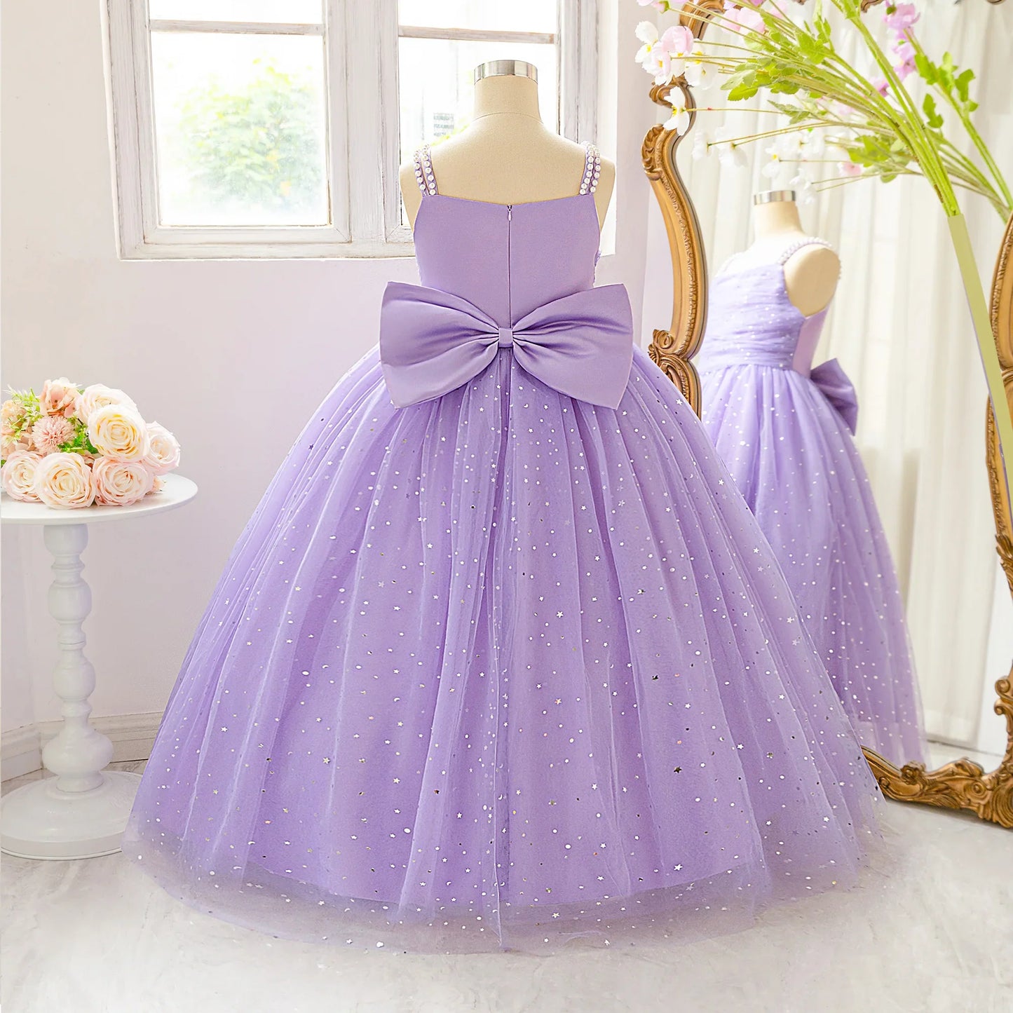Elegant Sequins Bridemaids Girl Dress Summer Big Bow Tulle Wedding Princess Party Prom Dresses Girls Birthday Evening Ball Gown