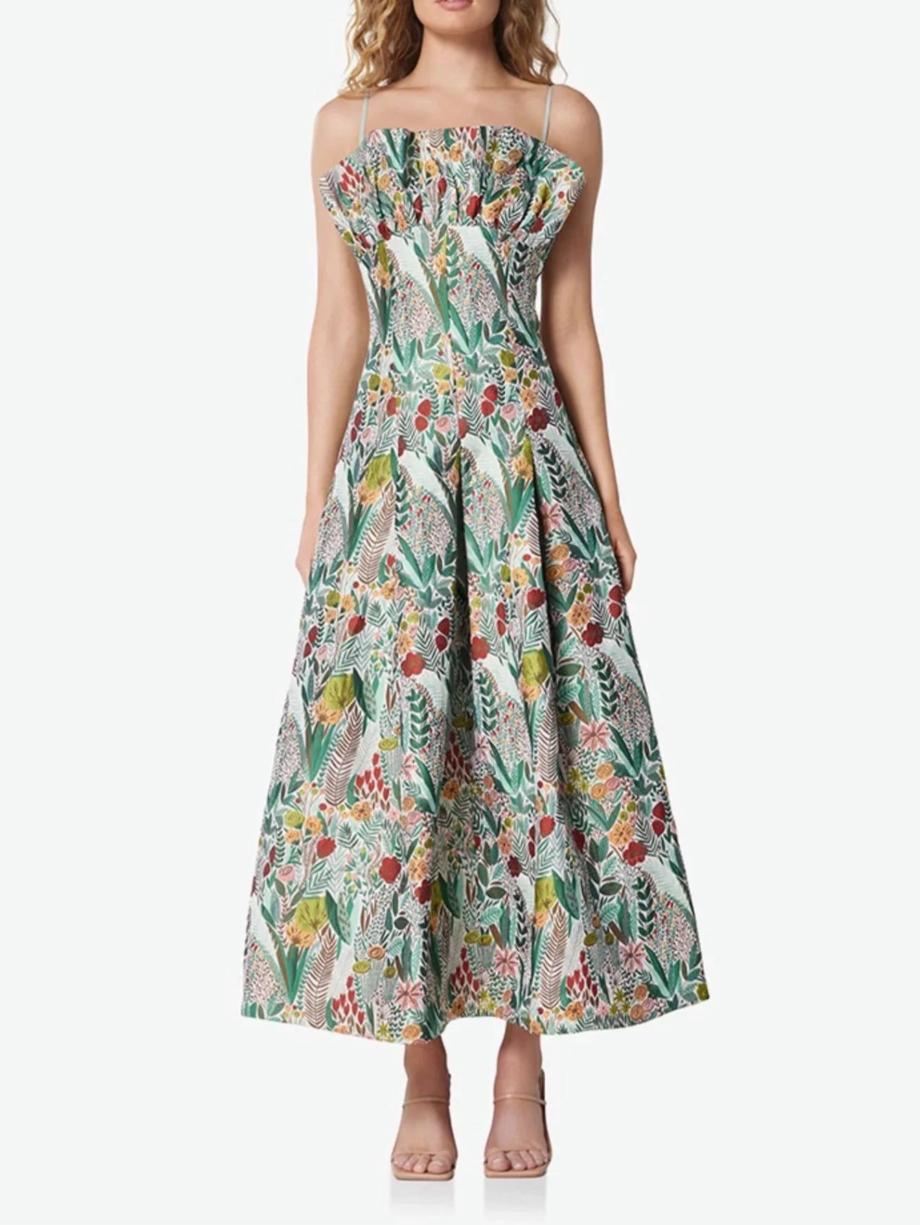 Elegant Women Dress Embroidery Sleeveless Summer Fashion Spaghetti Straps Vintage Party Gown Luxury Banquet Vestido