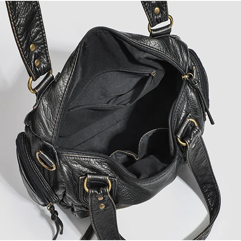 Y2K Hot Women's Punk Biker Tote Bag Large Capacity PU Leather Crossbody Purse with Multi Pockets for Work Commute Moto Style