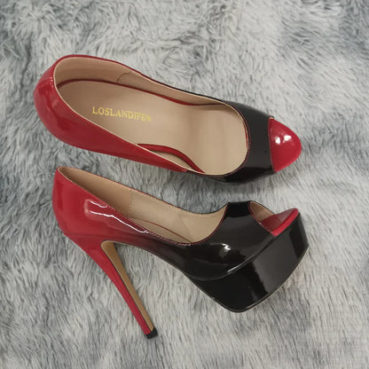 2026 New Women Pumps Sexy Platform Peep Toe 14cm Extremely High Heels Stiletto Patent Leather Party Nighclub Red Wedding Shoes