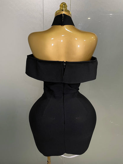 Women 2025 New Sexy Off Shoulder White Flower Black Mini Bodycon Bandage Dress Luxury Celebrity Evening Club Elegant Party Gowns