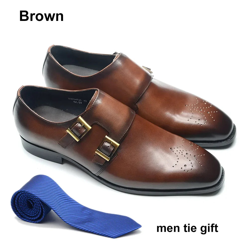 Italian Style Luxury Genuine Leather Monk Strap Men's Formal Shoes Double Buckles Brogue Pointy Toe Business Office Dress Shoes