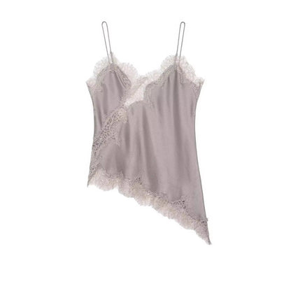 Women Elegant Polka Dot Lace Slip Tops Asymmetrical Hem Tanks Camis Summer Lady Sexy Lace Splicing Club Party Tops Camisole