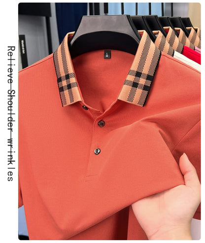 Fashion brand plaid lapel short sleeve polo shirt men summer new style simple solid color high-end business casual golf T-shirt