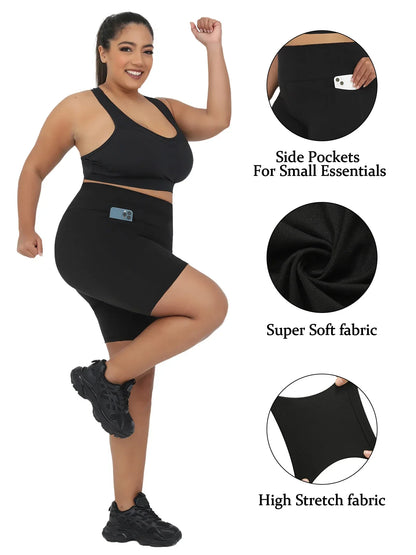 Plus Size High Waisted Biker Shorts For Women With Pockets Super Soft Tummy Control No See Through Workout Running Yoga