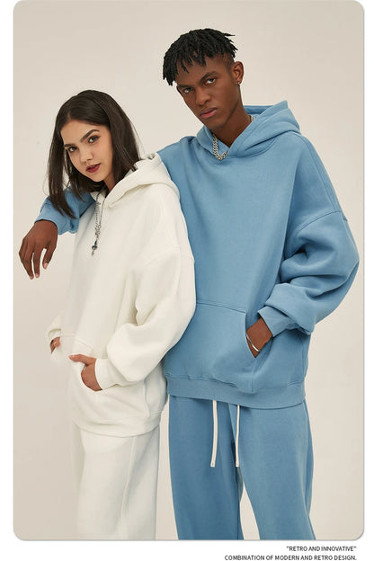 Thick 350gsm Fleece Hooded Hoodies For Men Unisex Winter Oversized Loose Basic Solid Sweatshirts Pullovers Coats HY0631