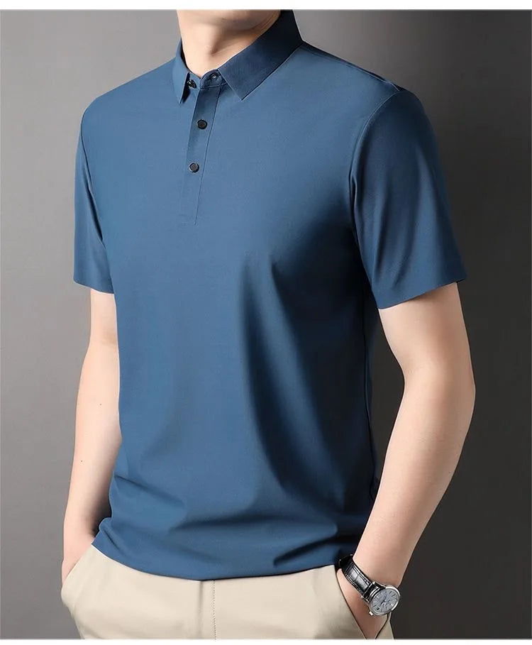 High quality wrinkle resistant ice silk short sleeve t-shirt men's summer Lapel loose casual solid color top high-end polo men