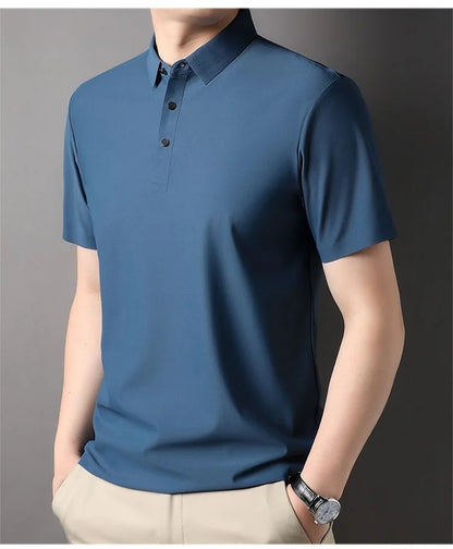 High quality wrinkle resistant ice silk short sleeve t-shirt men's summer Lapel loose casual solid color top high-end polo men