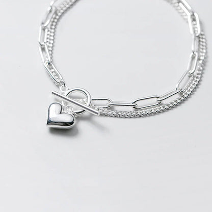 100% 925 Sterling Silver Sweet Hearts Chain Link Two Layer Classic Basis Bracelet Bangle for Women Fashion Fine Jewelry