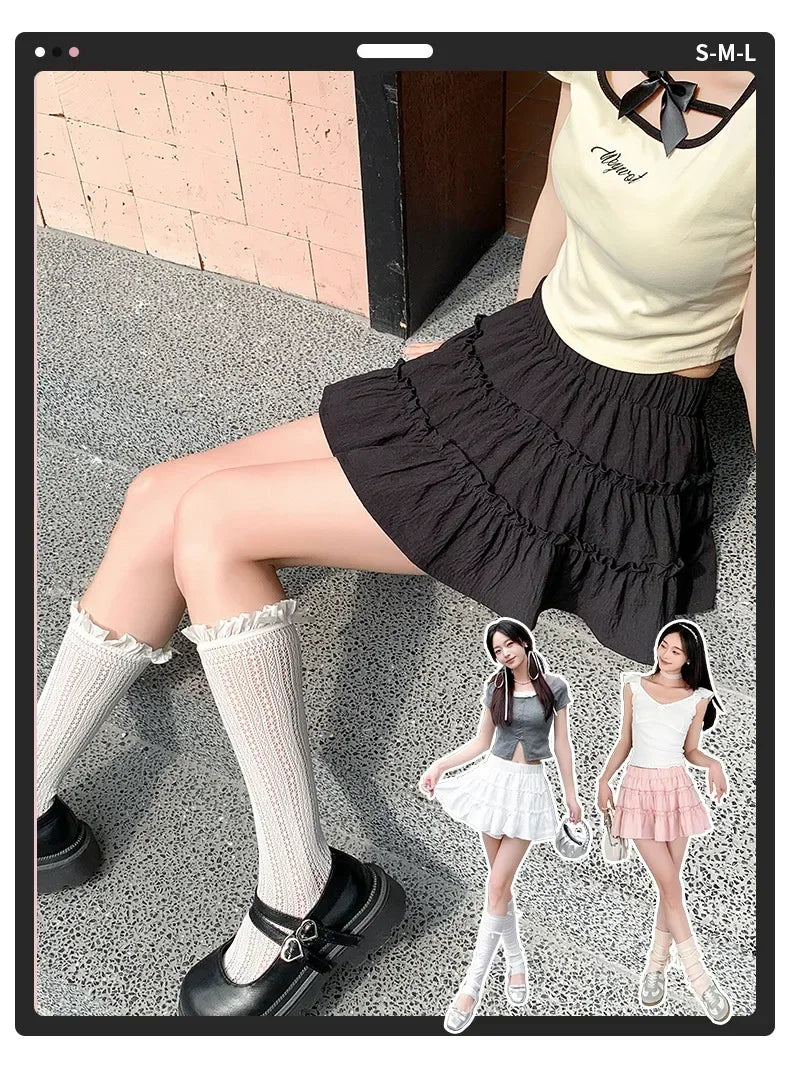 Elegant pink mini dress new summer thin style French ballet design cake skirt lace edge WOMEN'S JK skirt