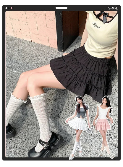 Elegant pink mini dress new summer thin style French ballet design cake skirt lace edge WOMEN'S JK skirt