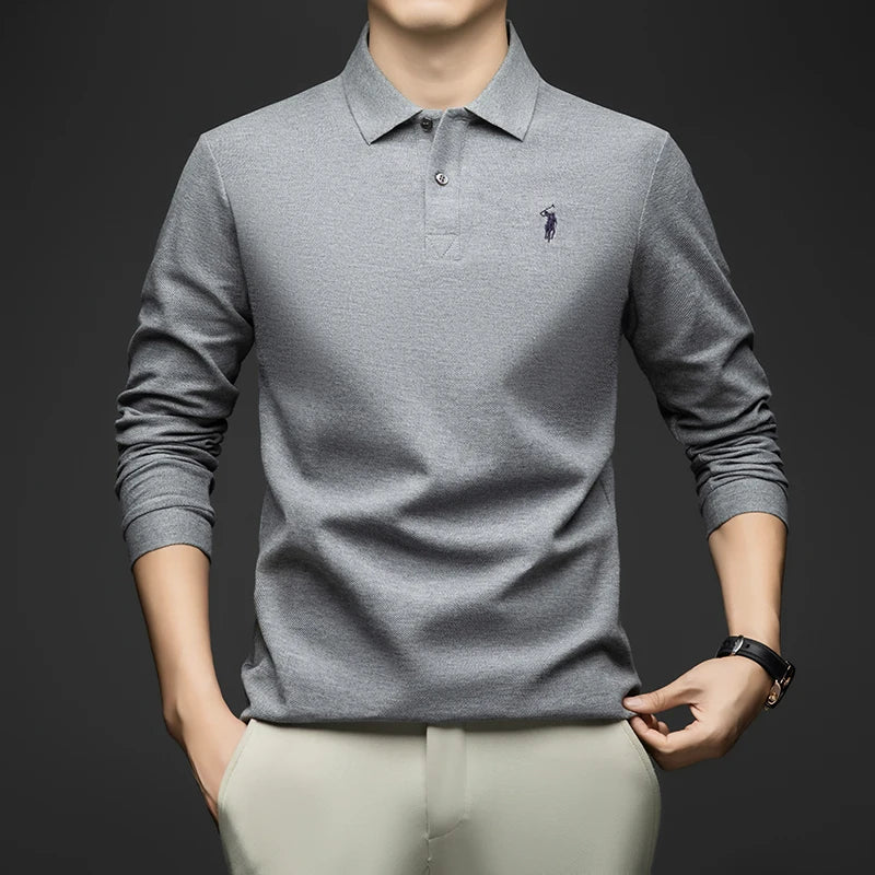 100% Pure Cotton Men's Long Sleeved Polo Shirt, Collar T-shirt, Spring and Autumn Top, No Ironing, Wrinkle Resistant Embroidery