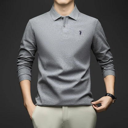 100% Pure Cotton Men's Long Sleeved Polo Shirt, Collar T-shirt, Spring and Autumn Top, No Ironing, Wrinkle Resistant Embroidery