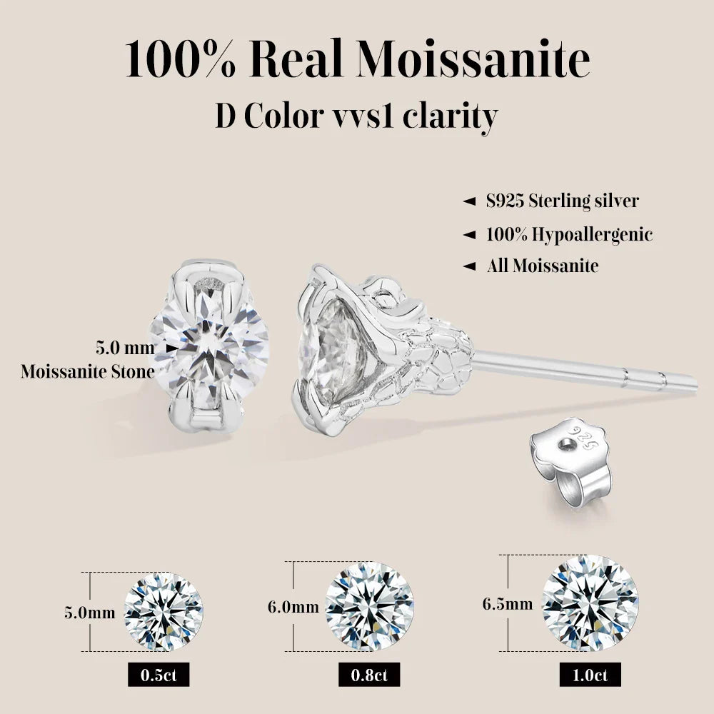 Round Cut 0.5CT Moissanite Stud Earrings 925 Sterling Silver 18K Gold Plated ForWomen Girl Sparkling Engagement Jewelry