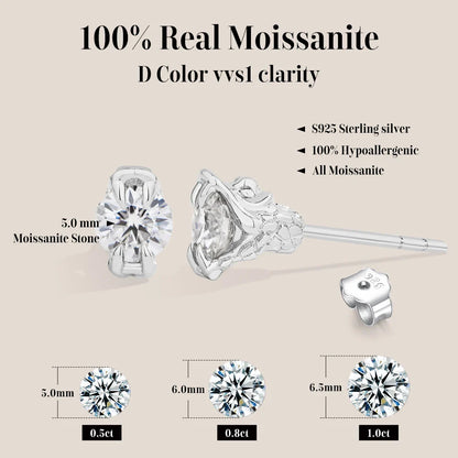 Round Cut 0.5CT Moissanite Stud Earrings 925 Sterling Silver 18K Gold Plated ForWomen Girl Sparkling Engagement Jewelry