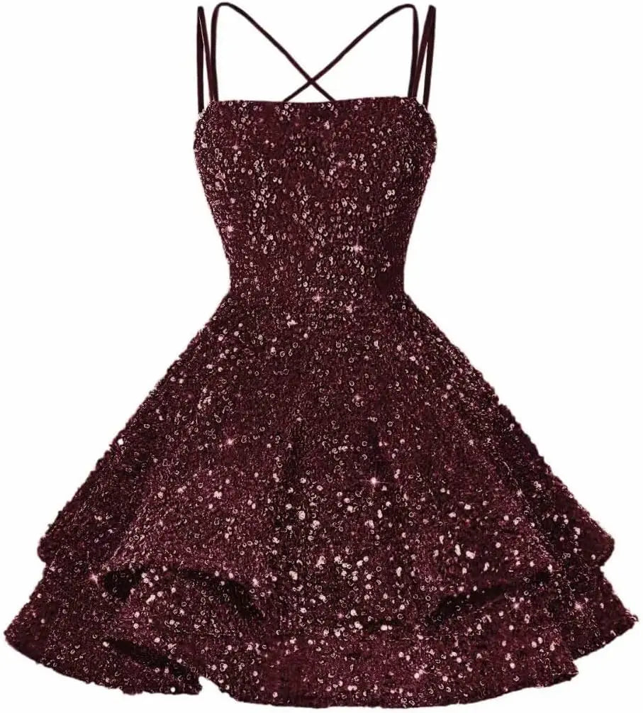 Sequin Short Square Neck Homecoming Dress for Teen Sparkly Prom Dress Sweet 16 Photo Shoot Cocktail Gowns Graduation Dress