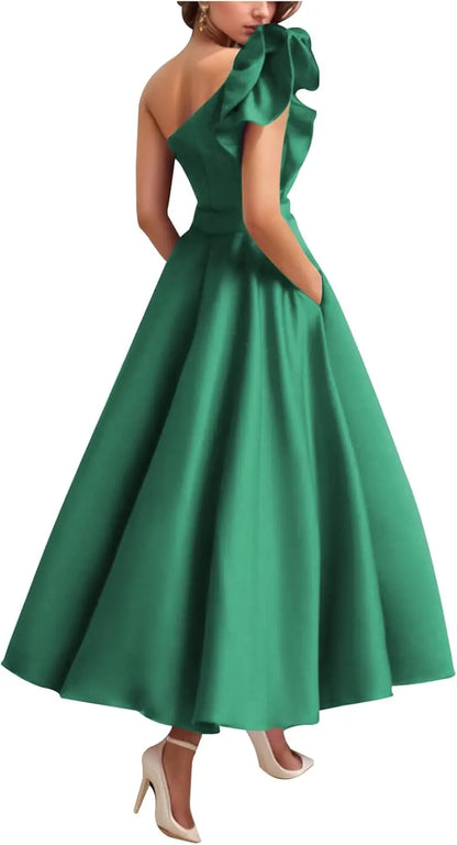 Women's One Shoulder Elegant Evening Dress with Pockets Satin Tea Length A Line Formal Wedding Guest Dress Prom Dresses