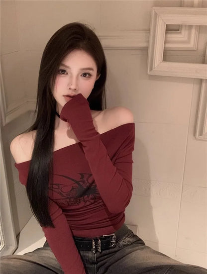 T Shirt Women Long Sleeve Off Shoulder Y2k Vintage Tops Streetwear Korean Style Crop Tops Autumn