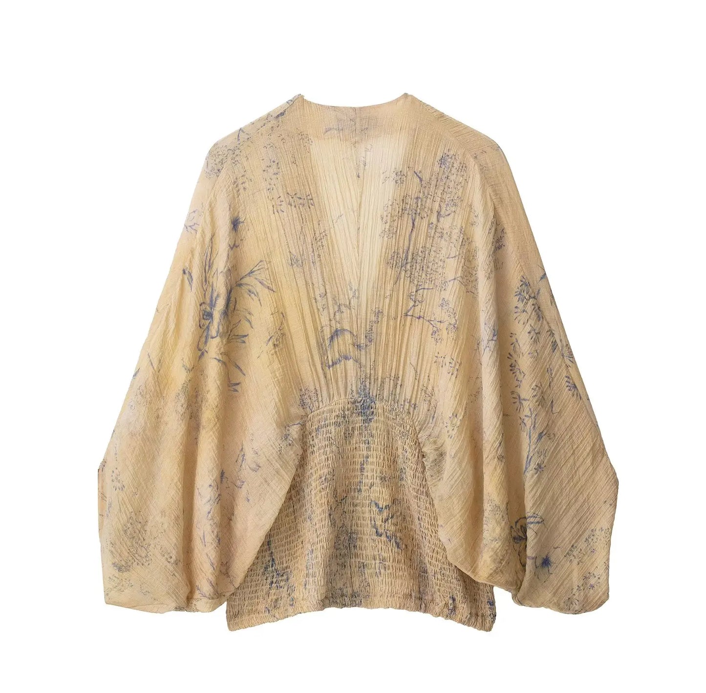 2025  autumn/winter new elegant fashion wide sleeve V-neck print shirt comfortable retro waist top