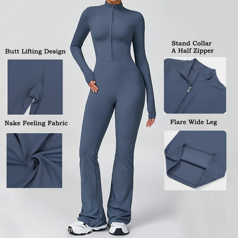 VITALINOVO Women Long Sleeve Flare Workout Jumpsuit Zip Up Romper Bottom Pants Wide Leg Full Length Bodysuit Bodycon One Piece
